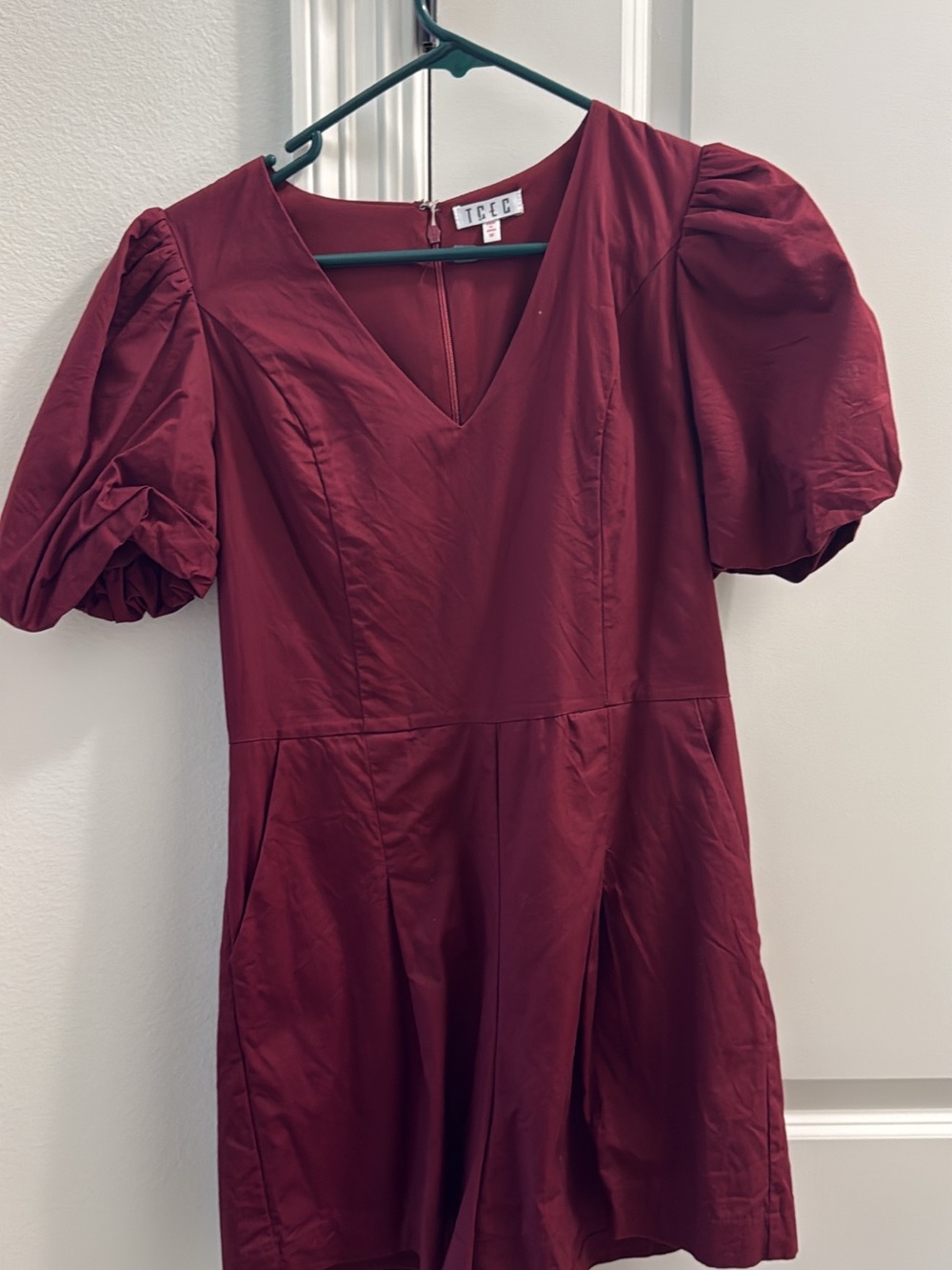 TCEC Deep Burgundy V-Neck Mini Dress with Puff Sleeves